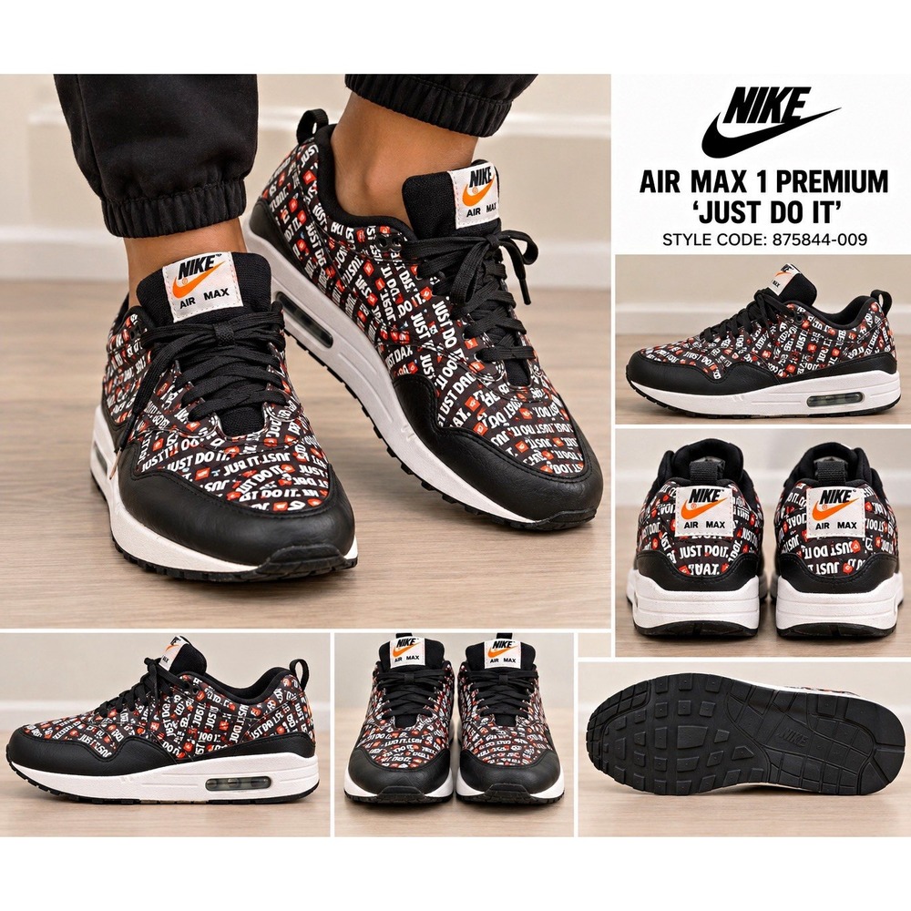 Nike Air Max 1 Premium "Just Do It" Black/White/Total Orange 875844-009- SZ 10.5